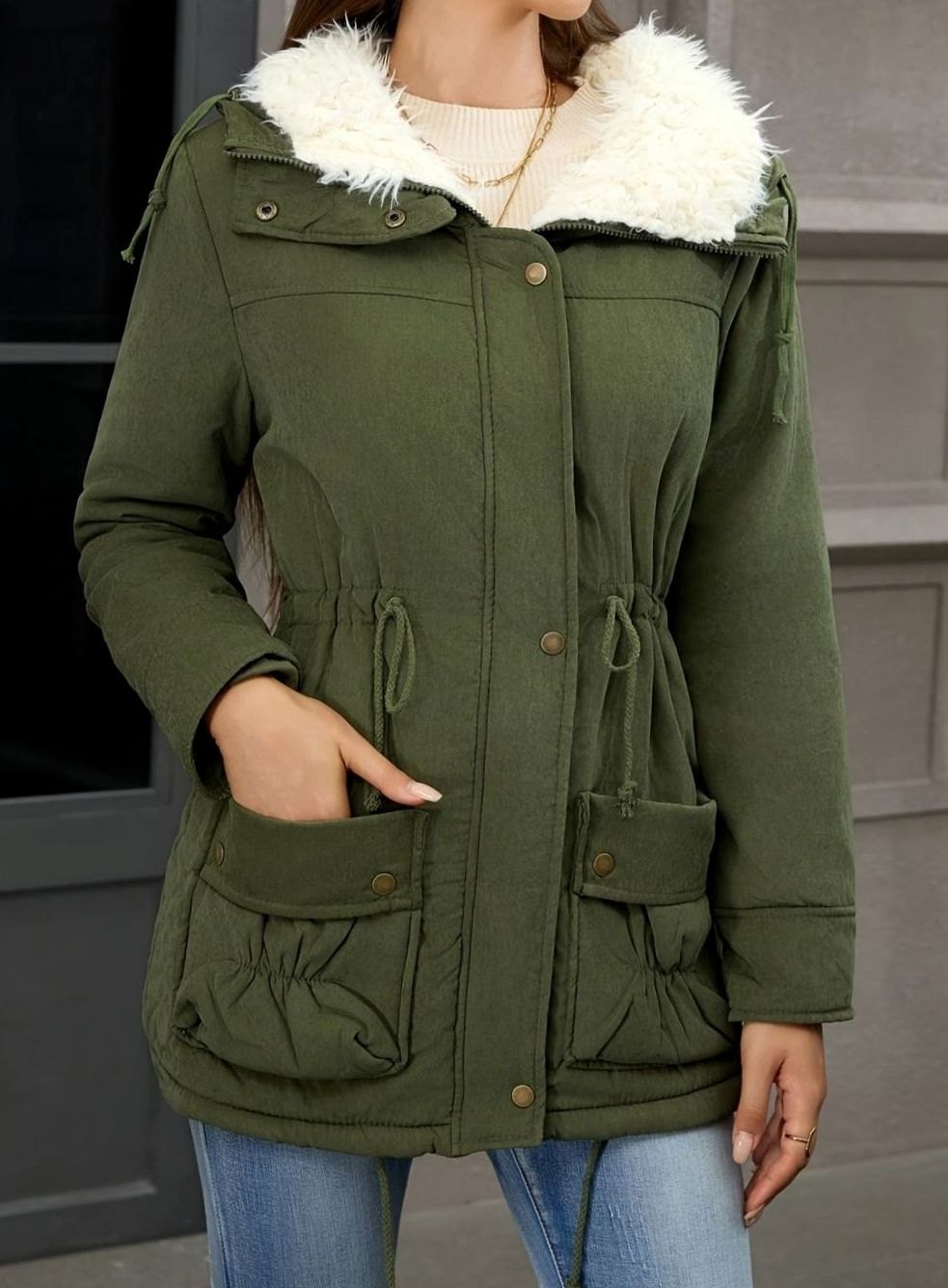 Women's Faux Fur Collar Drawstring Waist Winter Parka