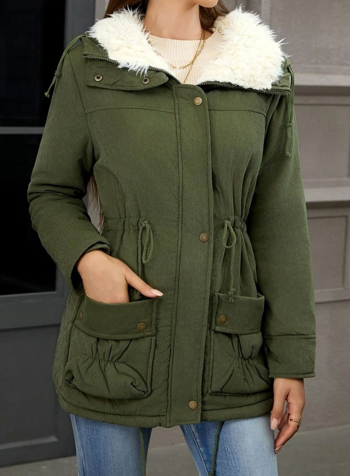 Women's Faux Fur Collar Drawstring Waist Winter Parka