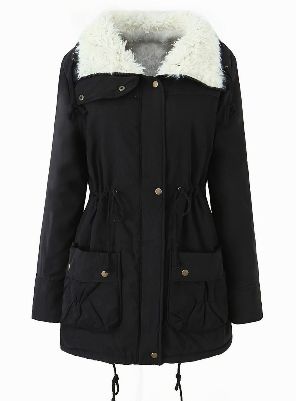 Women's Faux Fur Collar Drawstring Waist Winter Parka