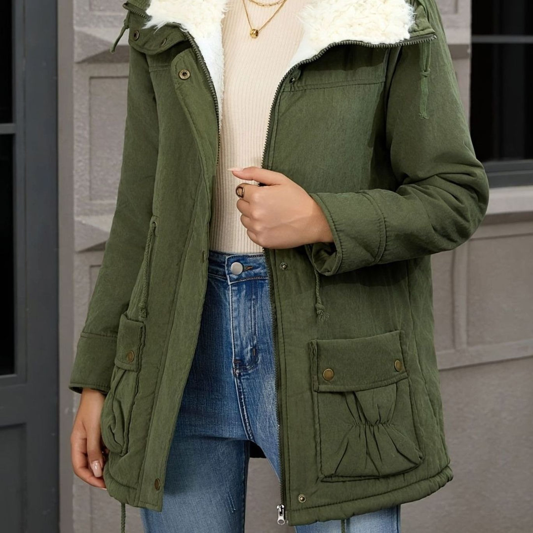 Women's Faux Fur Collar Drawstring Waist Winter Parka - Olive Green