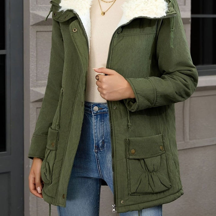 Women's Faux Fur Collar Drawstring Waist Winter Parka - Olive Green