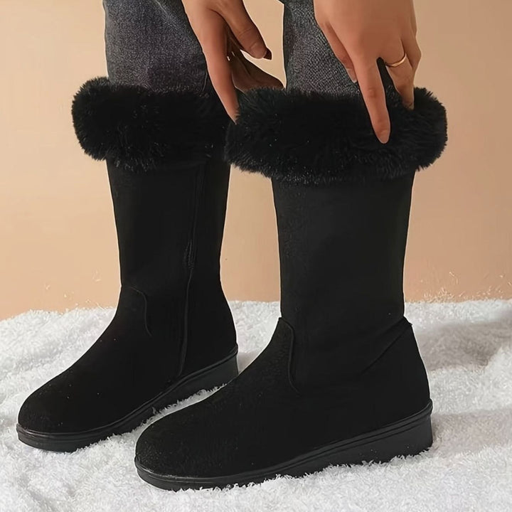 Women's Faux Fur Cuffed Slip-On Mid-Calf Snow Boots - Black