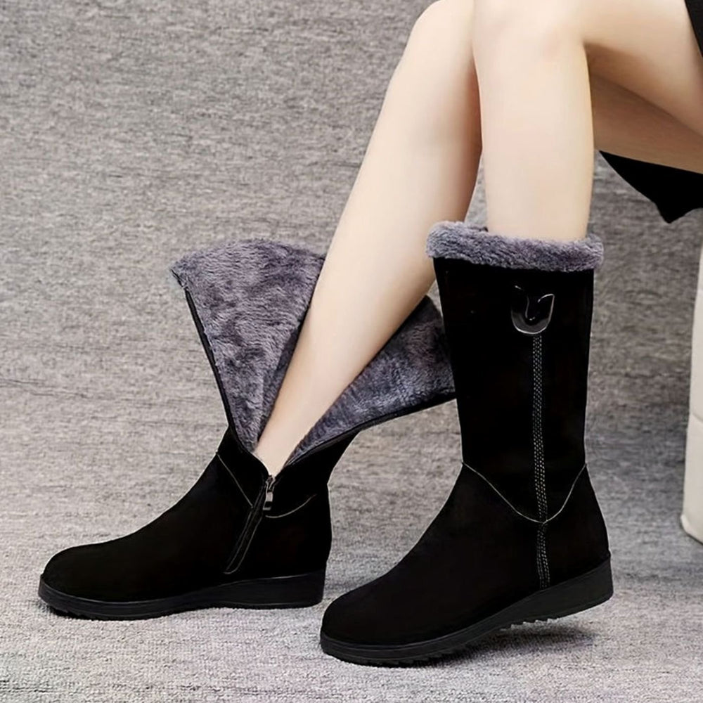 Women's Faux Fur Cuffed Slip-On Mid-Calf Snow Boots