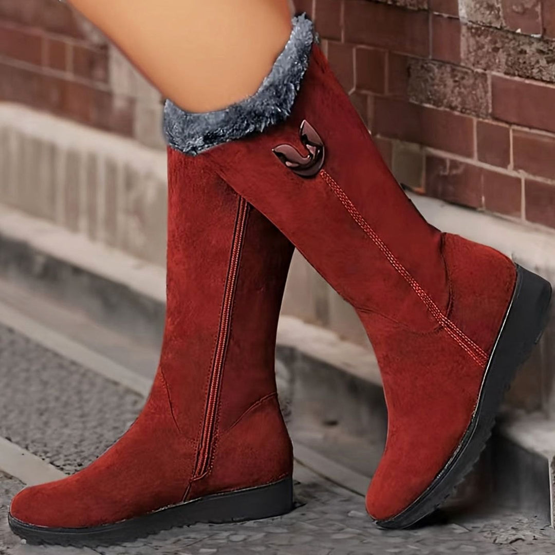 Women's Faux Fur Cuffed Slip-On Mid-Calf Snow Boots - Red