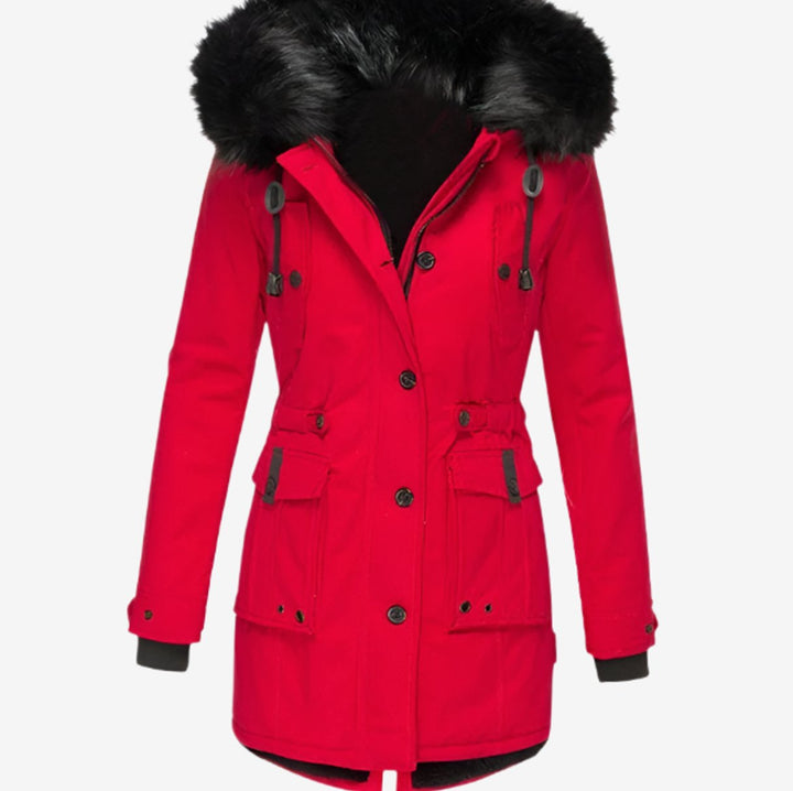 Women's Faux Fur Hooded Fitted Parka Winter Coat - Red