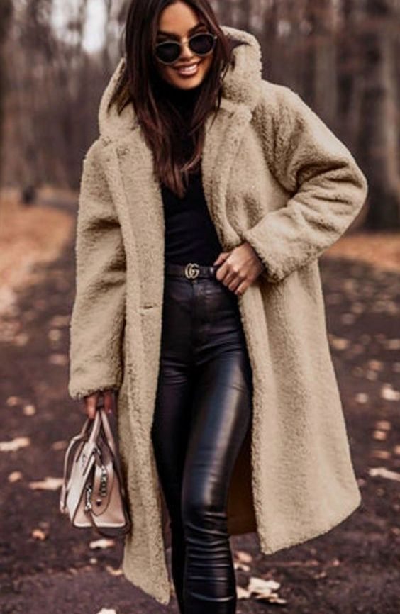Women's Faux Fur Hooded Longline Winter Coat - Beige