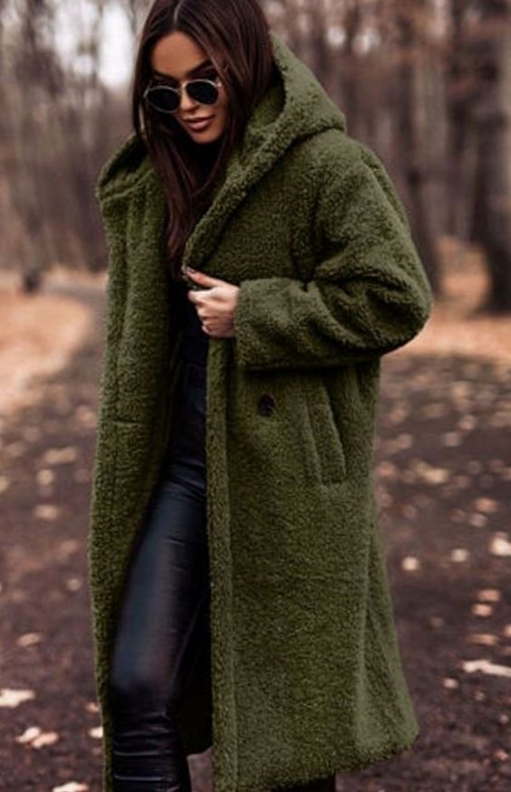 Women's Faux Fur Hooded Longline Winter Coat - Green
