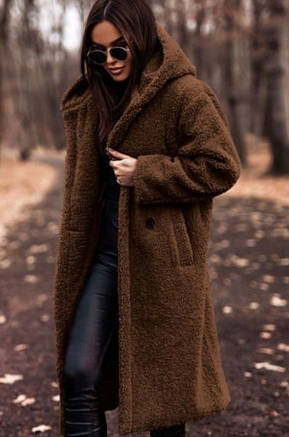 Women's Faux Fur Hooded Longline Winter Coat - Brown
