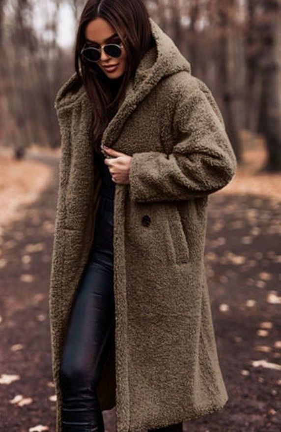 Women's Faux Fur Hooded Longline Winter Coat - Khaki