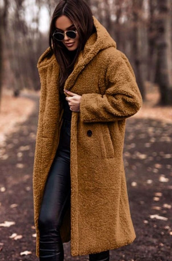 Women's Faux Fur Hooded Longline Winter Coat - Caramel