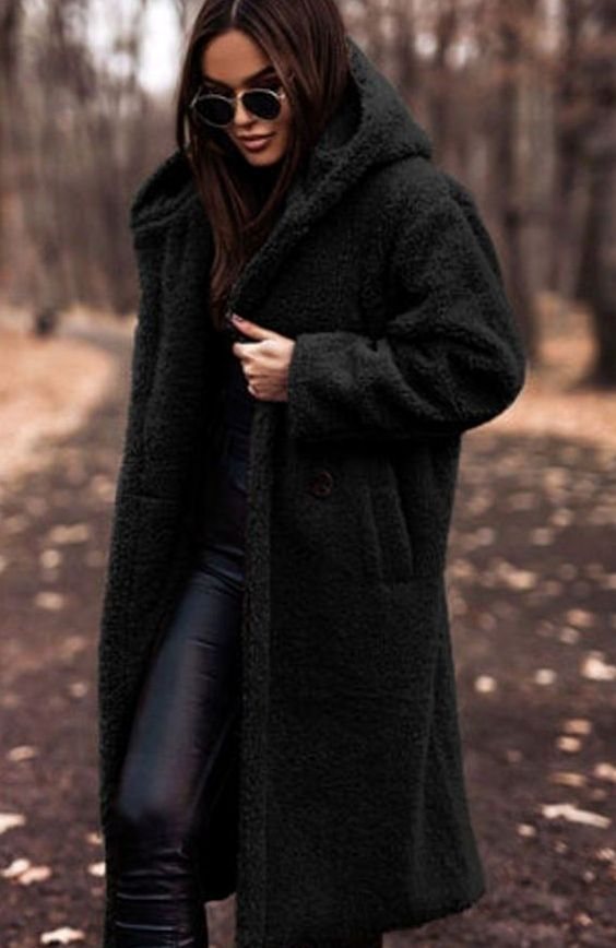 Women's Faux Fur Hooded Longline Winter Coat - Black
