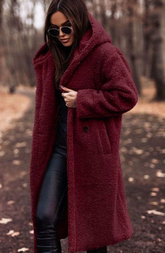 Women's Faux Fur Hooded Longline Winter Coat - Red
