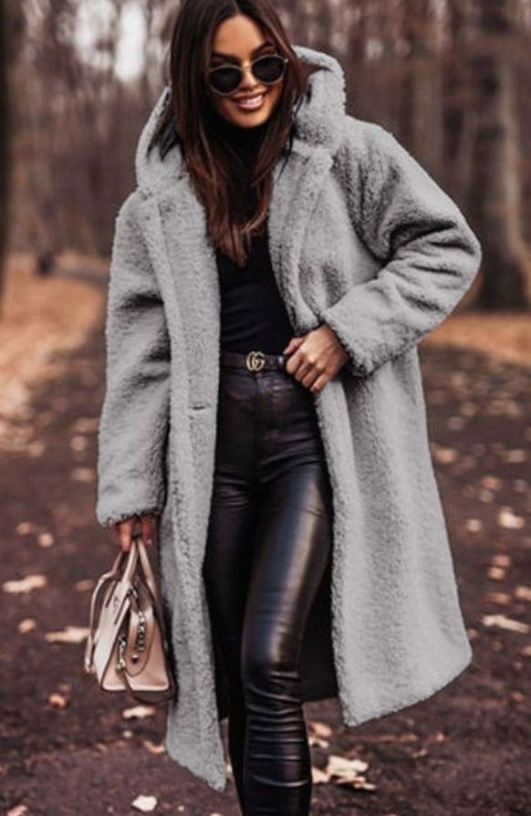 Women's Faux Fur Hooded Longline Winter Coat - Gray