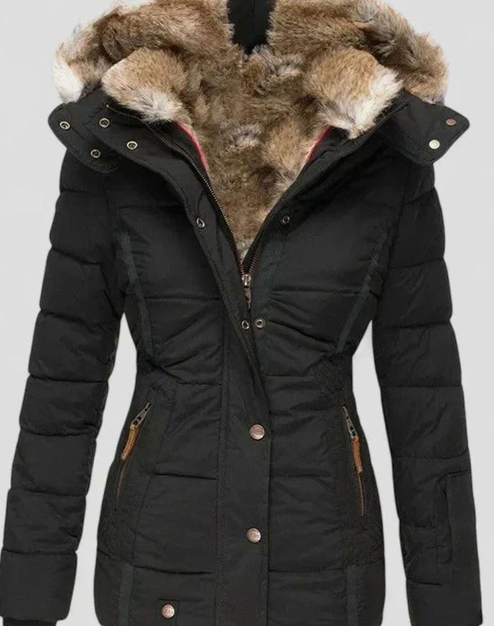 Women's Faux-Fur Hooded Quilted Puffer Winter Coat - Black