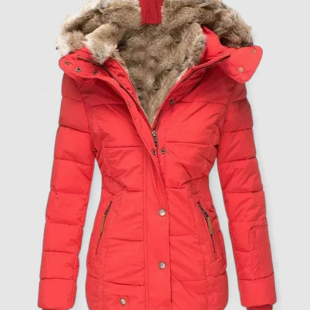 Women's Faux-Fur Hooded Quilted Puffer Winter Coat - Red