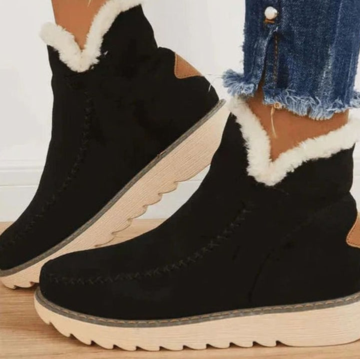 Women's Faux-Fur Lined Slip-On Suede Winter Ankle Boots - Black
