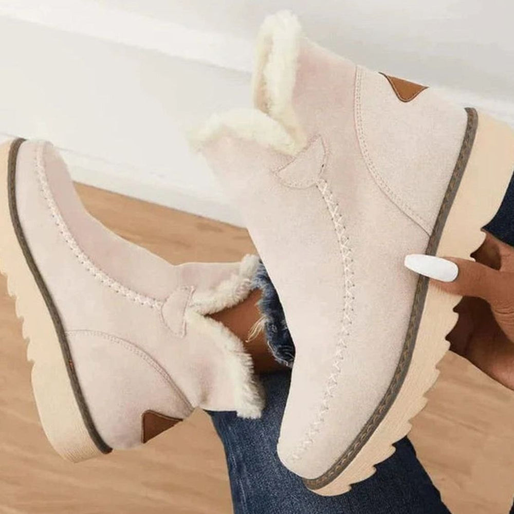 Women's Faux-Fur Lined Slip-On Suede Winter Ankle Boots - Beige