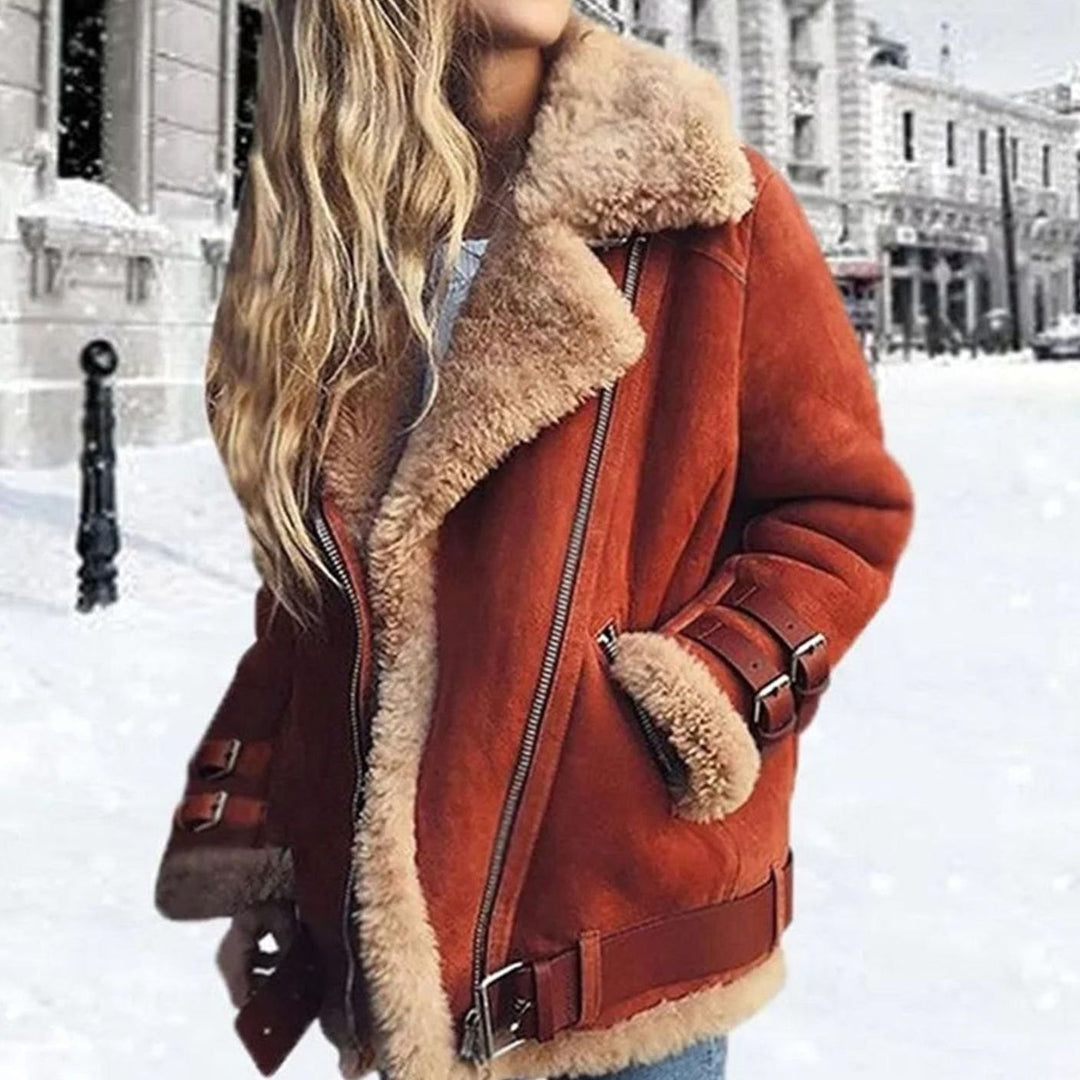 Women's Faux Fur Lined Suede Belted Moto Jacket - Orange