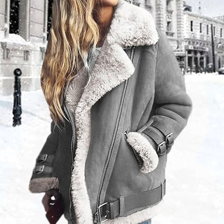 Women's Faux Fur Lined Suede Belted Moto Jacket - Grey