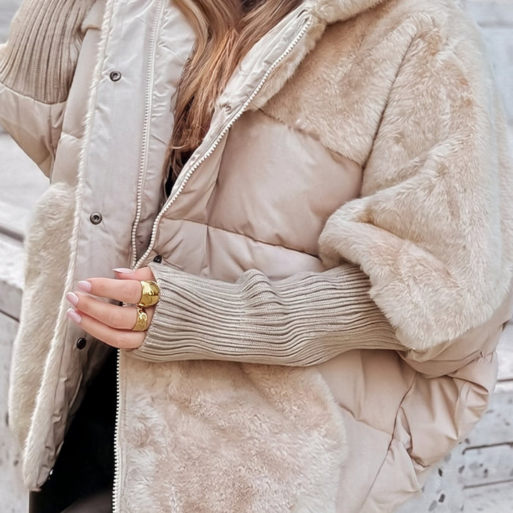 Women's Faux Fur Quilted Plush Hooded Winter Coat - Beige