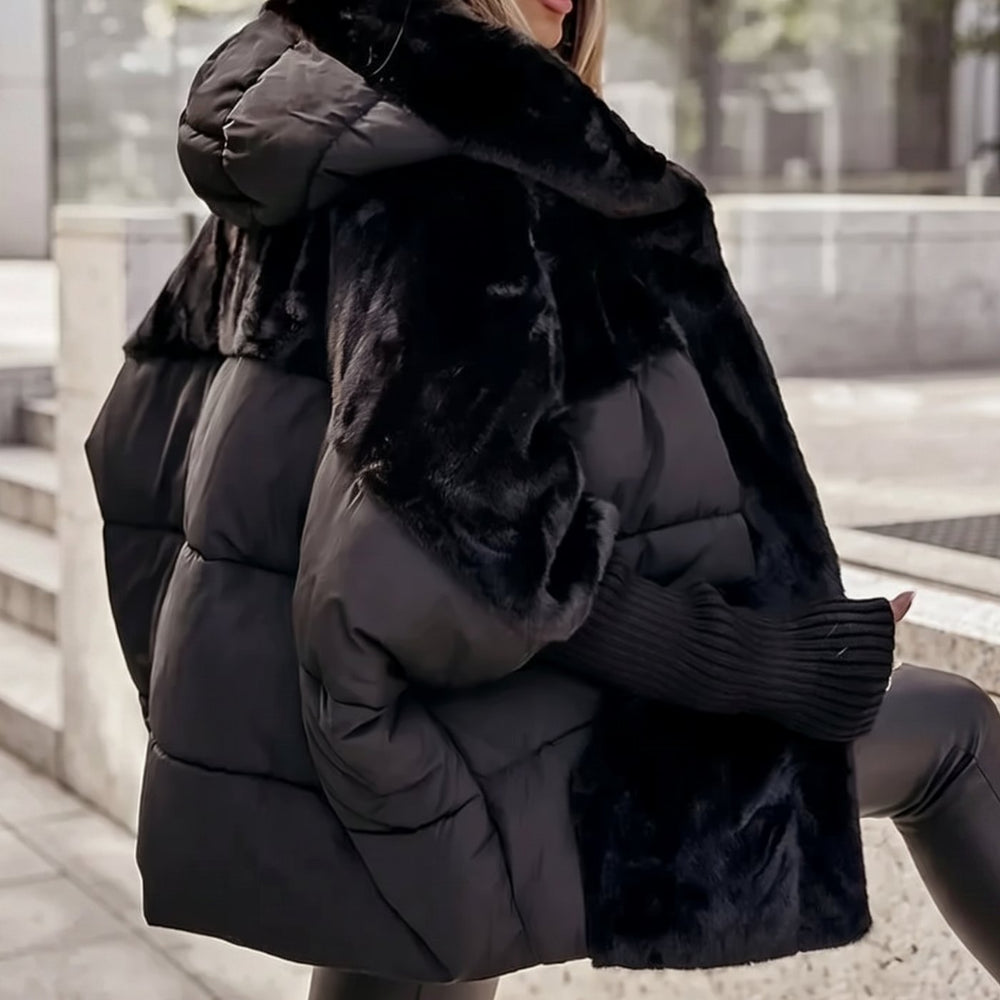 Women's Faux Fur Quilted Plush Hooded Winter Coat - Black