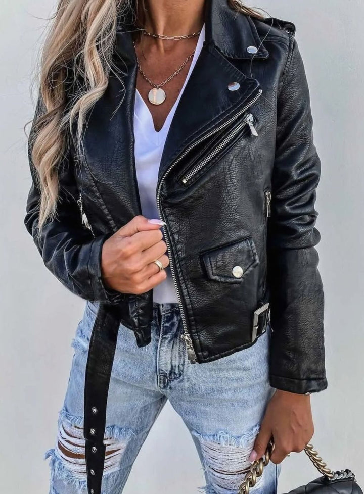 Women's Faux Leather Asymmetric Zip Moto Jacket - Black