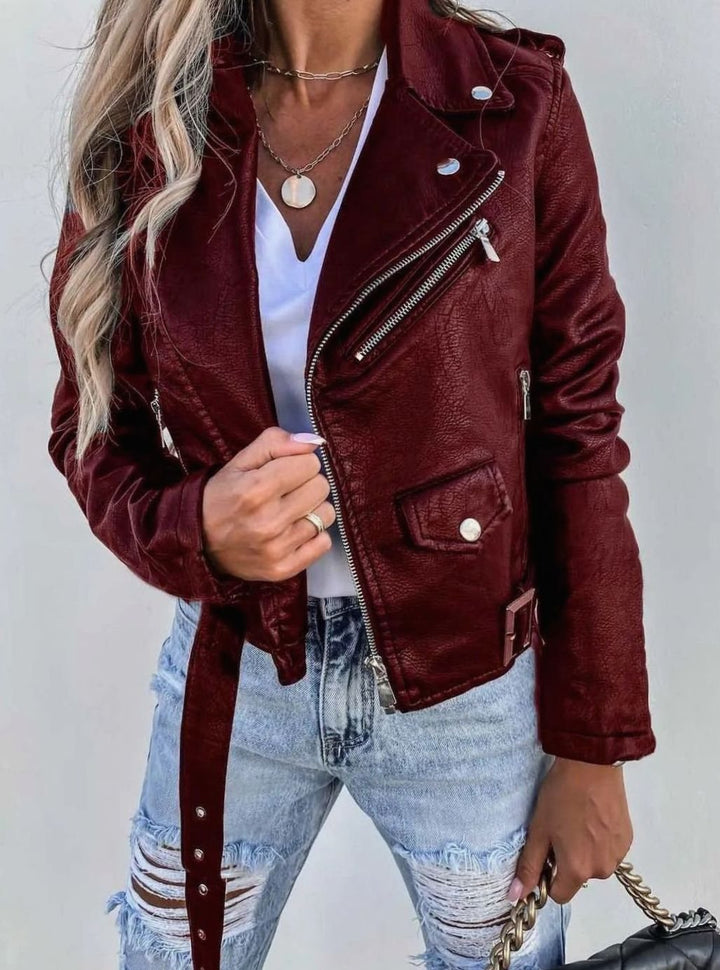 Women's Faux Leather Asymmetric Zip Moto Jacket - Red