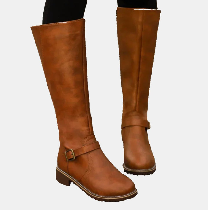 Women's Faux Leather Buckle-Strap Riding Knee High Boots