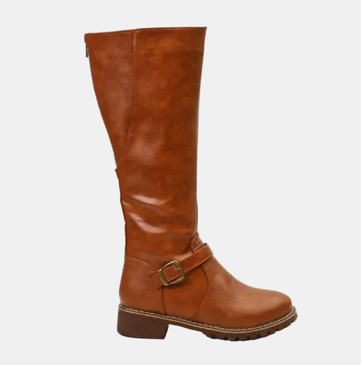 Women's Faux Leather Buckle-Strap Riding Knee High Boots