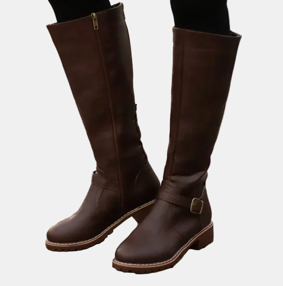 Women's Faux Leather Buckle-Strap Riding Knee High Boots