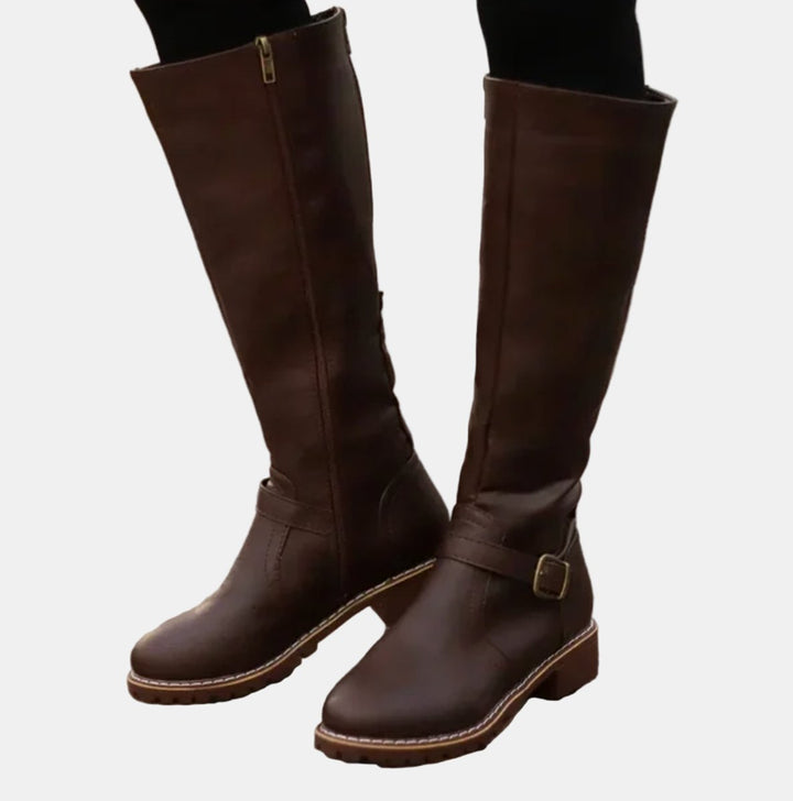 Women's Faux Leather Buckle-Strap Riding Knee High Boots