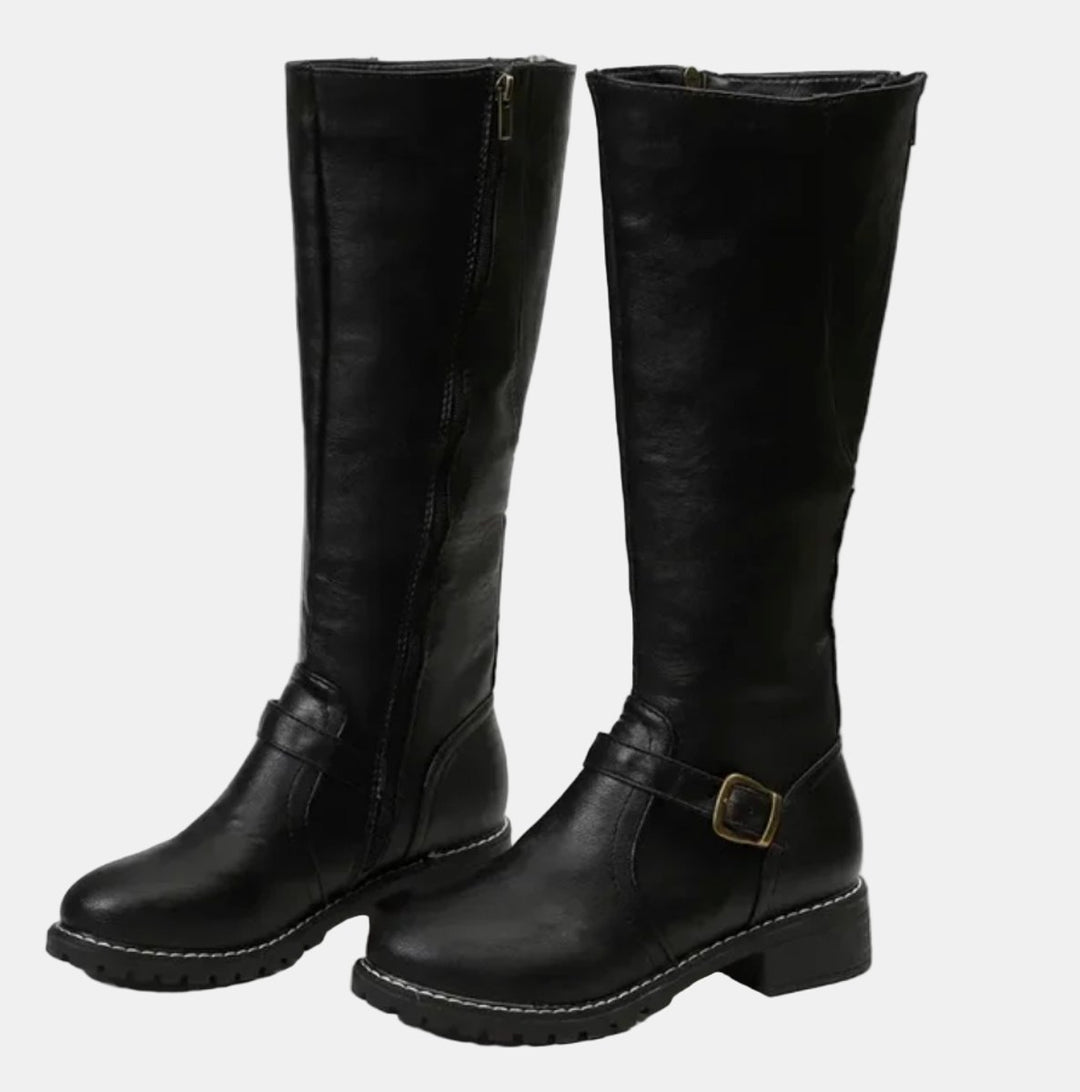Women's Faux Leather Buckle-Strap Riding Knee High Boots - Black