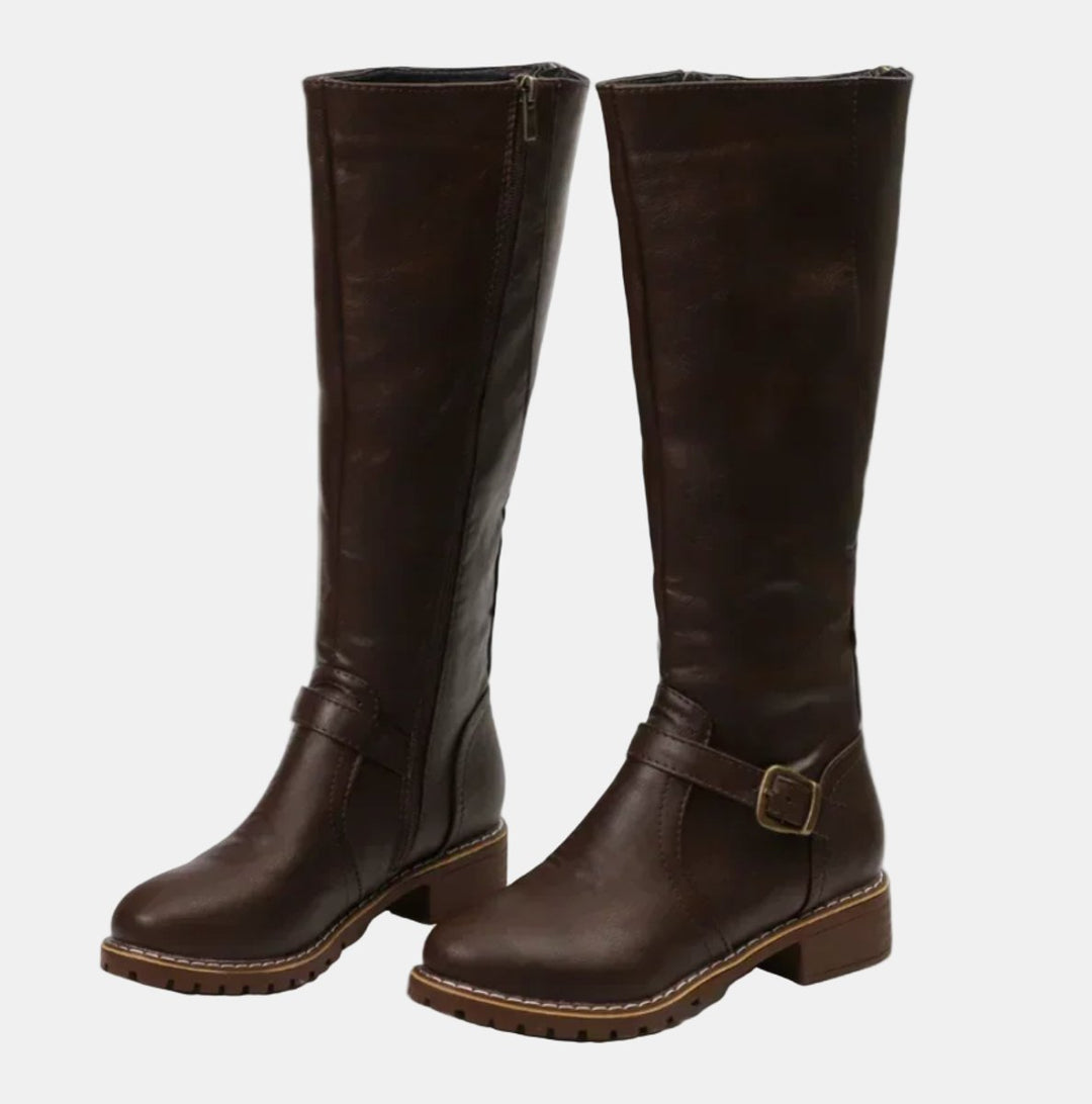 Women's Faux Leather Buckle-Strap Riding Knee High Boots