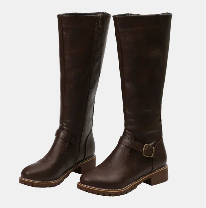 Women's Faux Leather Buckle-Strap Riding Knee High Boots