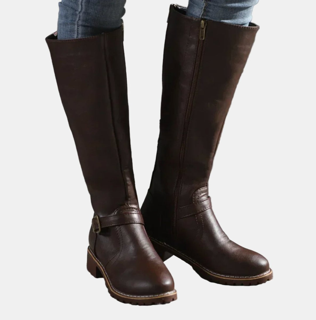 Women's Faux Leather Buckle-Strap Riding Knee High Boots - Dark Brown