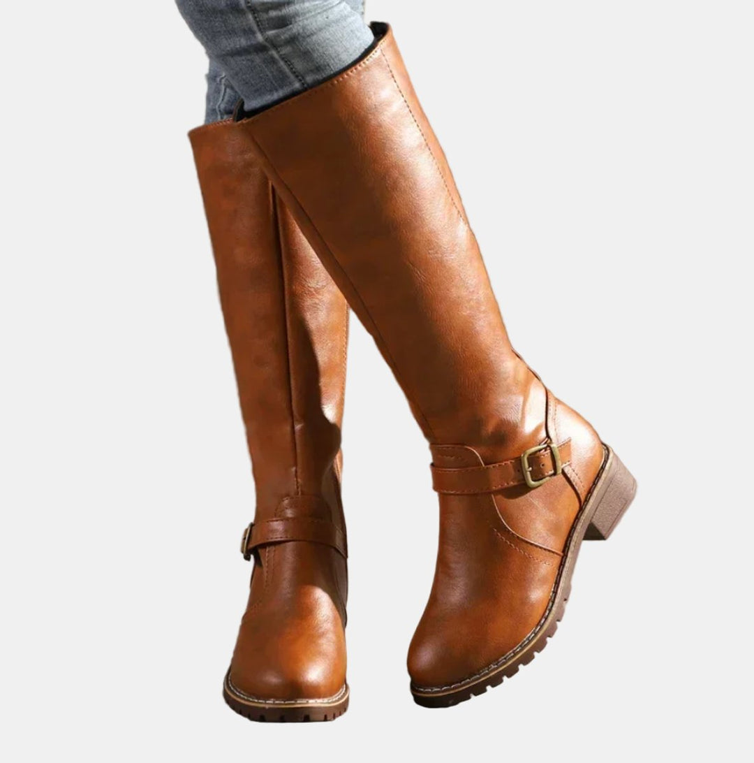 Women's Faux Leather Buckle-Strap Riding Knee High Boots - Brown