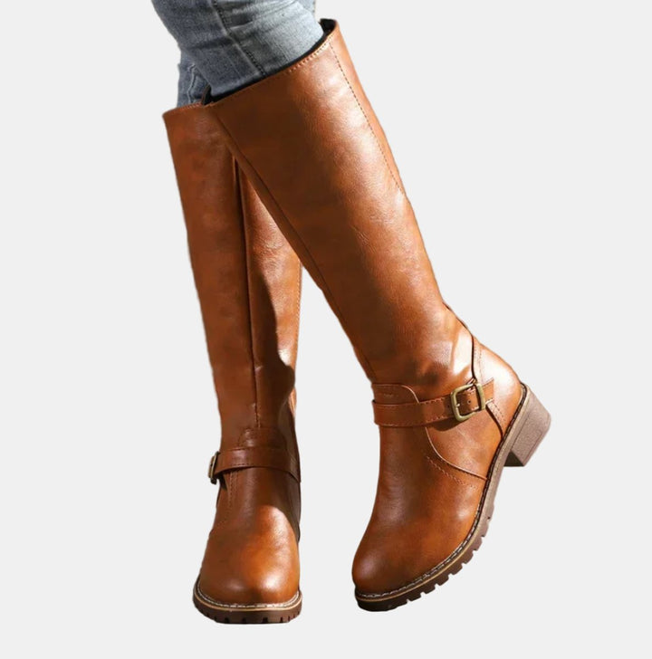 Women's Faux Leather Buckle-Strap Riding Knee High Boots - Brown