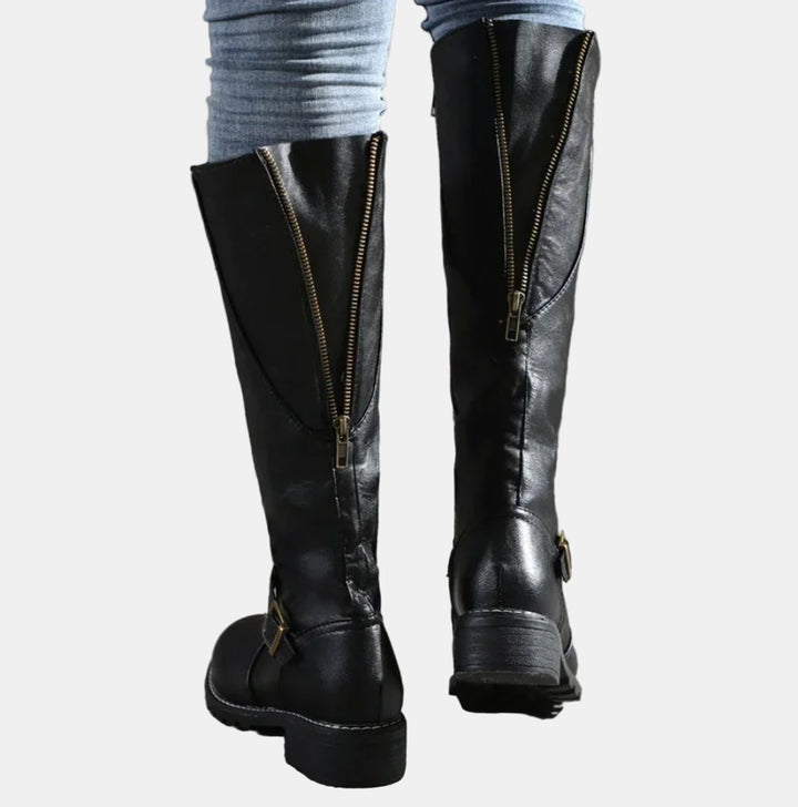 Women's Faux Leather Buckle-Strap Riding Knee High Boots