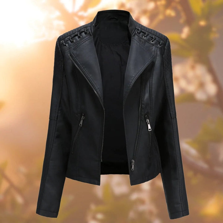 Women's Faux Leather Moto Biker Jacket Diagonal Zip Lace-Detail Shoulders