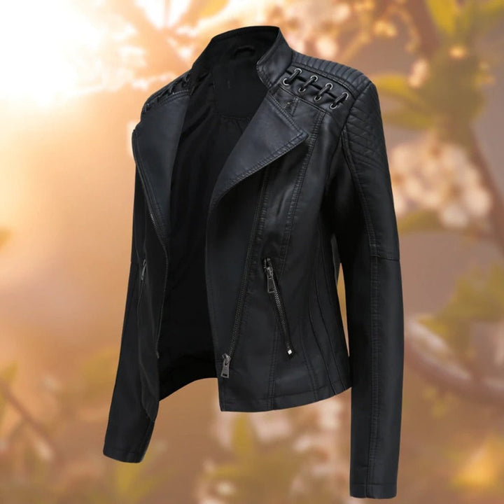 Women's Faux Leather Moto Biker Jacket Diagonal Zip Lace-Detail Shoulders - Black