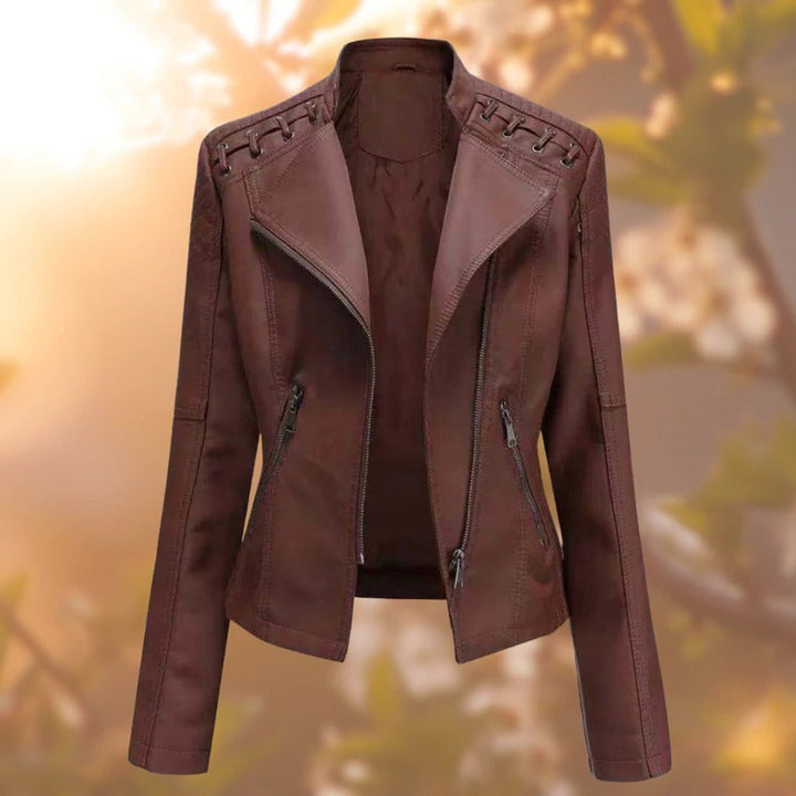 Women's Faux Leather Moto Biker Jacket Diagonal Zip Lace-Detail Shoulders - Dark Brown