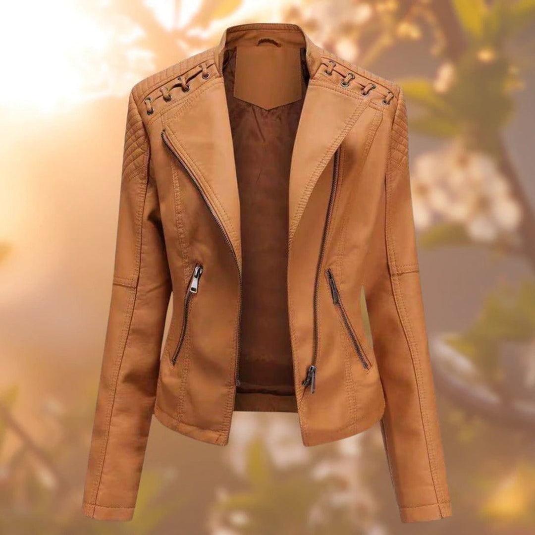 Women's Faux Leather Moto Biker Jacket Diagonal Zip Lace-Detail Shoulders - Orange