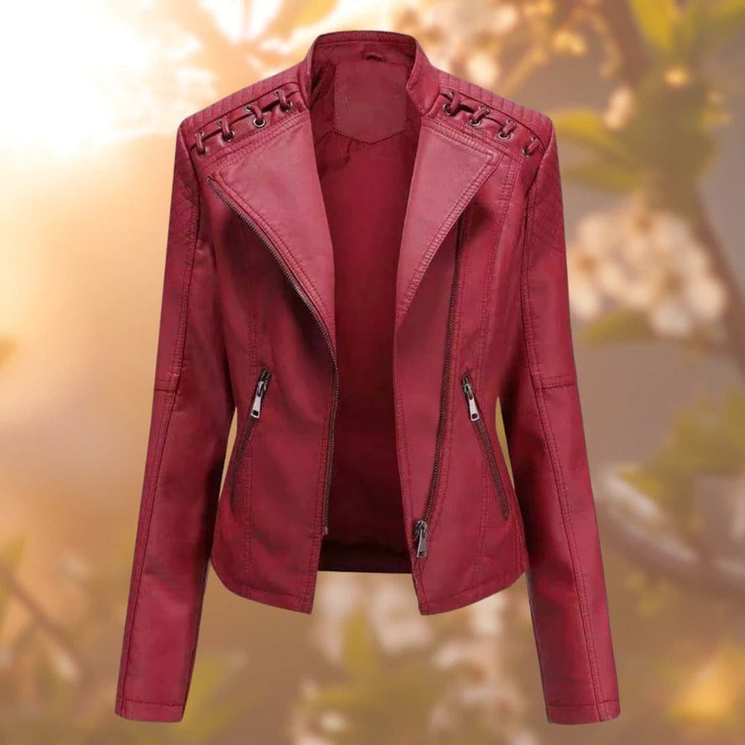 Women's Faux Leather Moto Biker Jacket Diagonal Zip Lace-Detail Shoulders - Dark Red