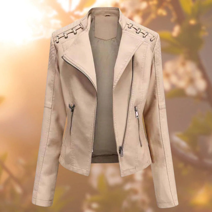 Women's Faux Leather Moto Biker Jacket Diagonal Zip Lace-Detail Shoulders - Khaki