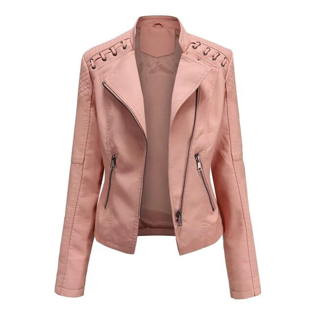 Women's Faux Leather Moto Biker Jacket Diagonal Zip Lace-Detail Shoulders - Pink
