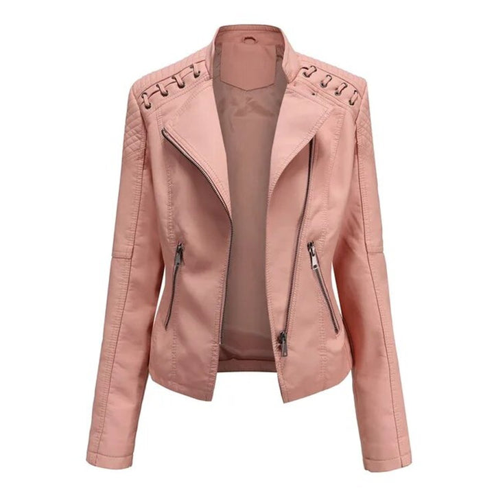 Women's Faux Leather Moto Biker Jacket Diagonal Zip Lace-Detail Shoulders - Pink