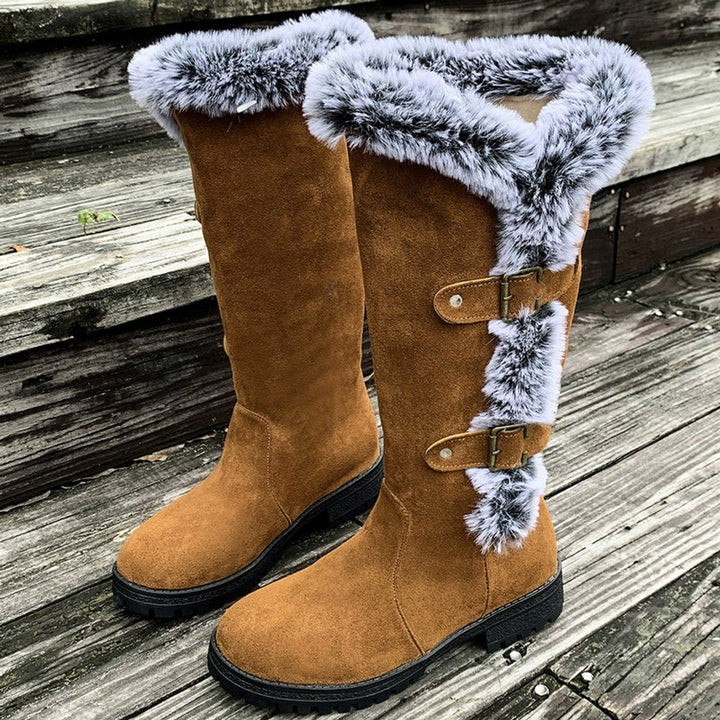 Women's Faux Suede Faux Fur Trim Buckle Knee High Boots