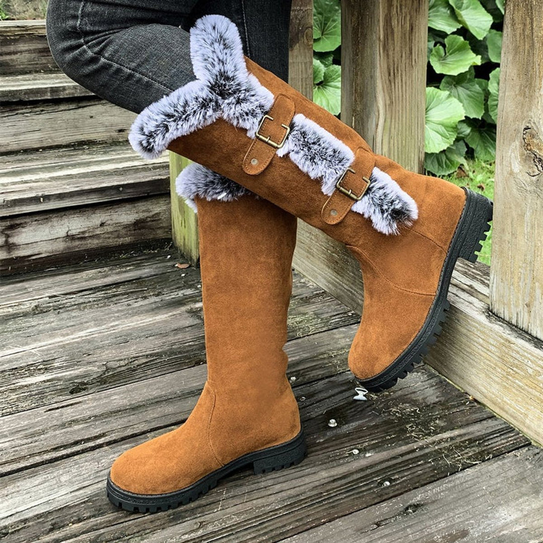 Women's Faux Suede Faux Fur Trim Buckle Knee High Boots - Light Brown
