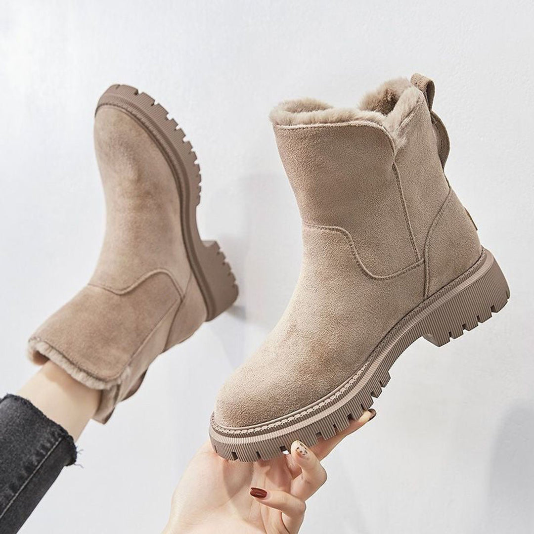 Women's Faux Suede Fur-Lined Slip-On Winter Ankle Boots - Beige