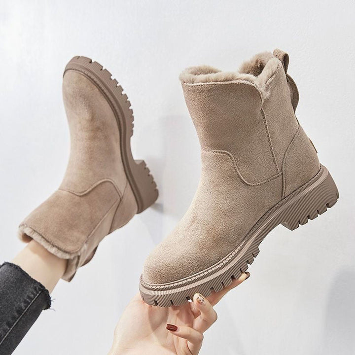 Women's Faux Suede Fur-Lined Slip-On Winter Ankle Boots - Beige